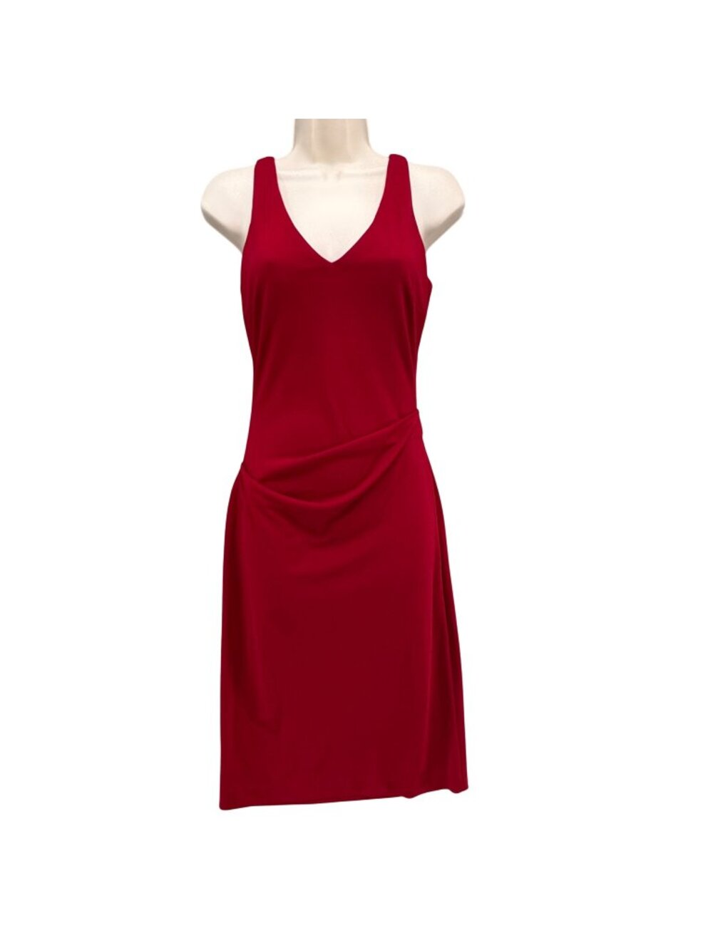 Nicole Miller Midi Sheath Dress Solid Red Sleeveless V Neck Ruched Size 2